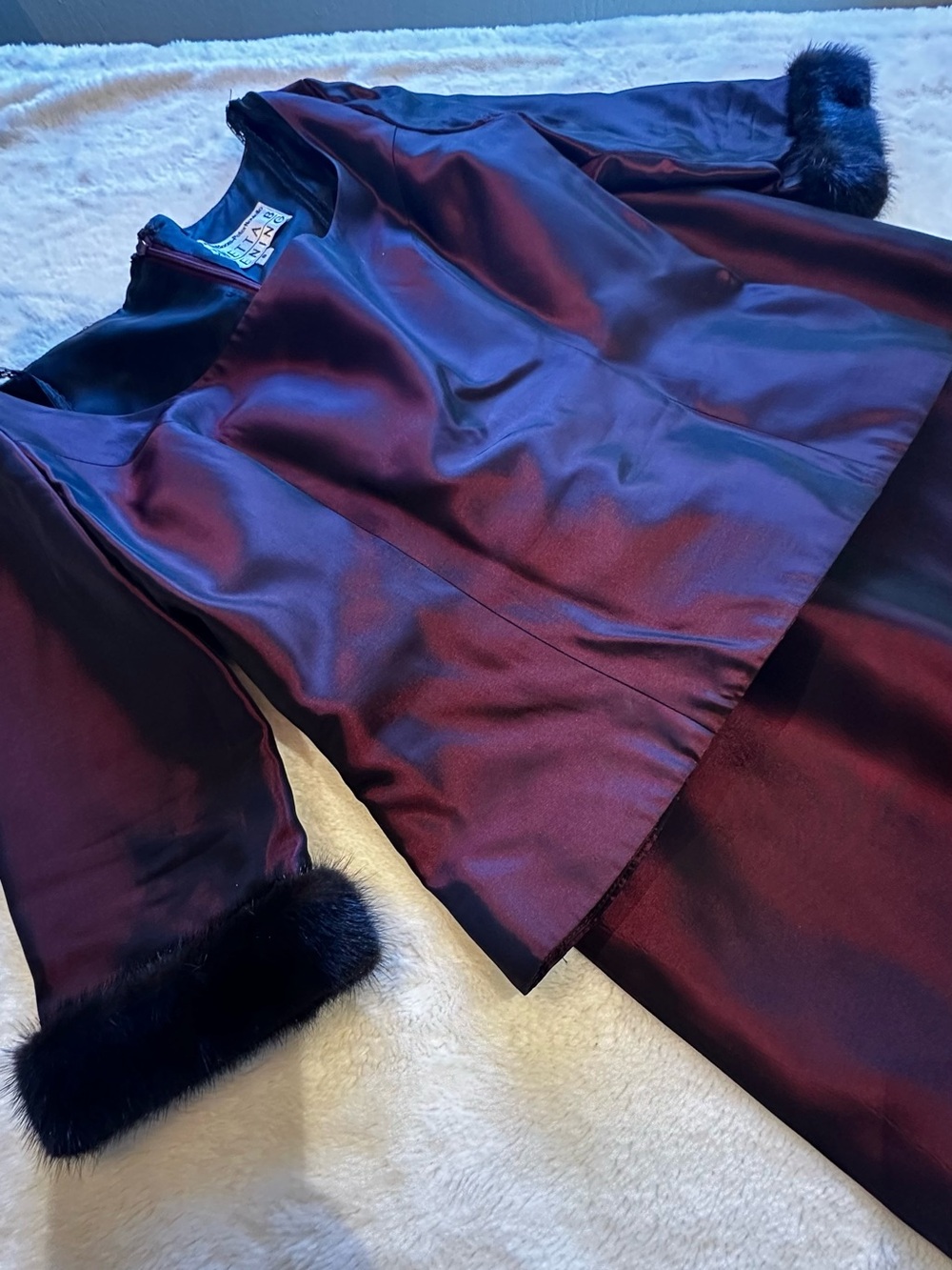 Chetta B Satin Two-Piece Set in Deep Burgundy with Black Faux Fur Trim